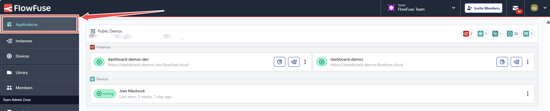 Image showing the 'Applications' option in the FlowFuse platform