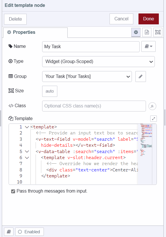 Screenshot displaying ui-template widget with code for building table for displaying task "Screenshot displaying ui-template widget with code for building table for displaying task"